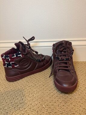 CHANEL Burgundy Leather High-Top Sneakers with Tweed Trim